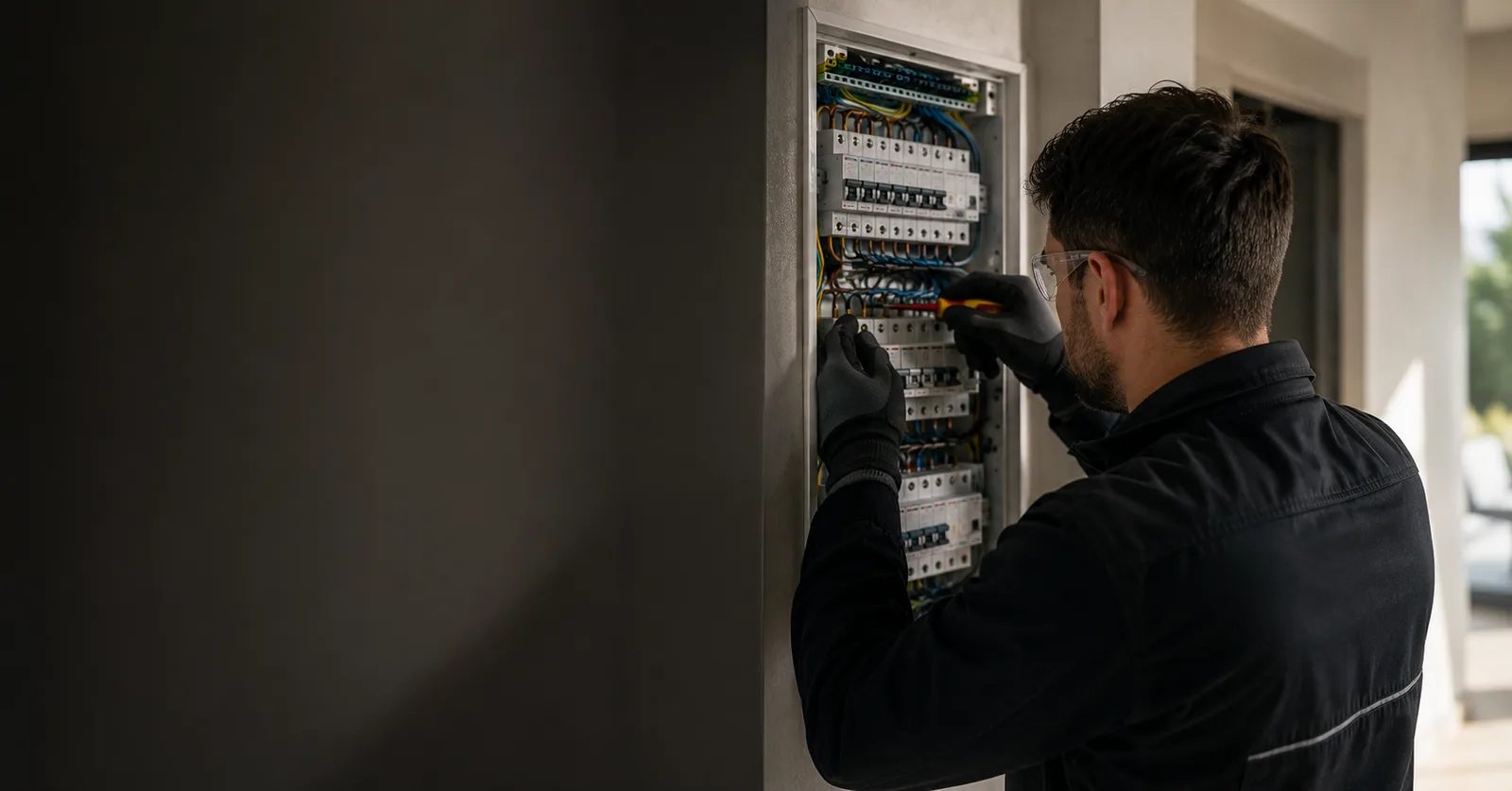 Électricien intervenant sur un tableau électrique
