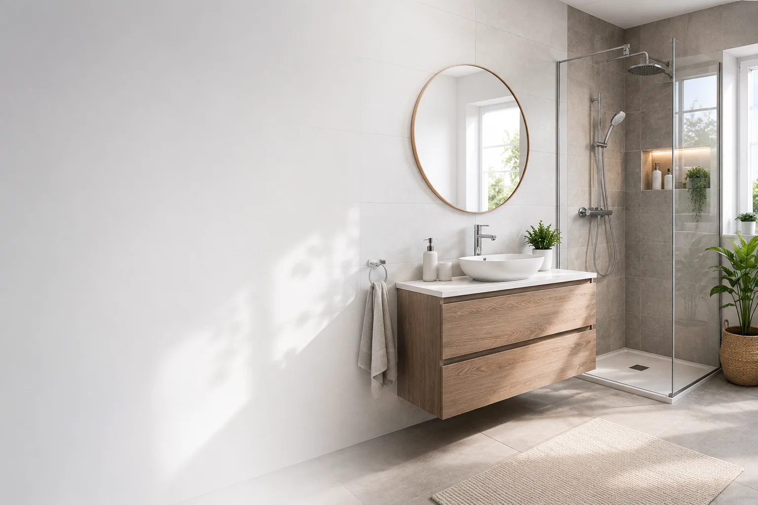Salle de bain moderne avec meuble vasque, miroir et douche vitrée