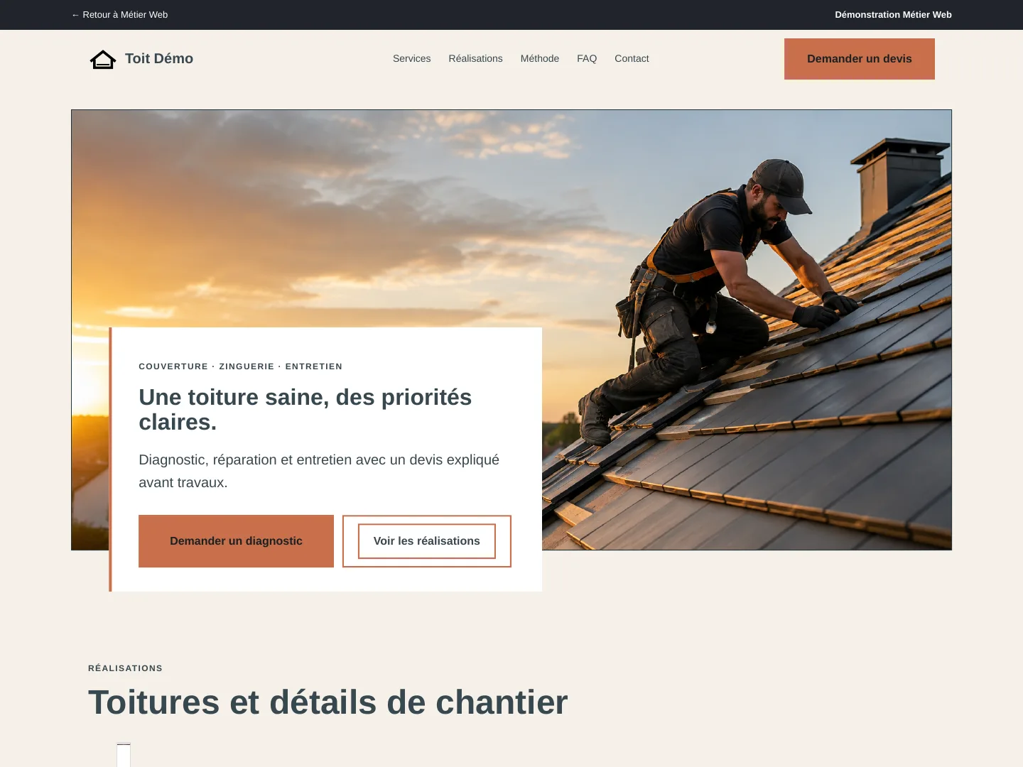Démonstration de site internet pour couvreur