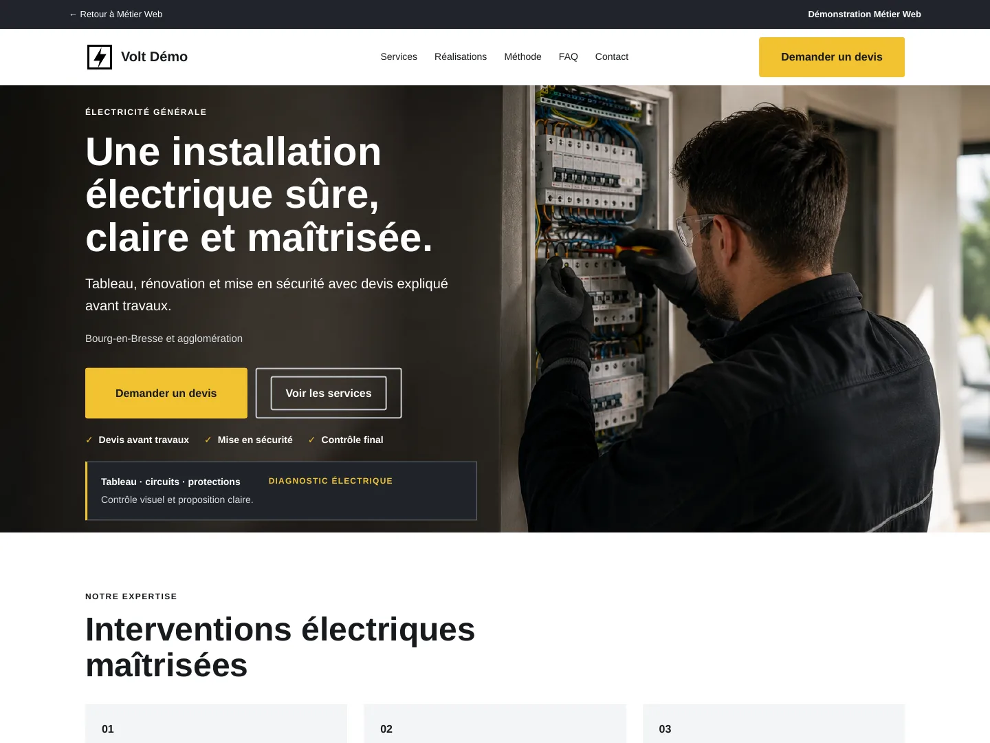 Démonstration de site internet pour électricien