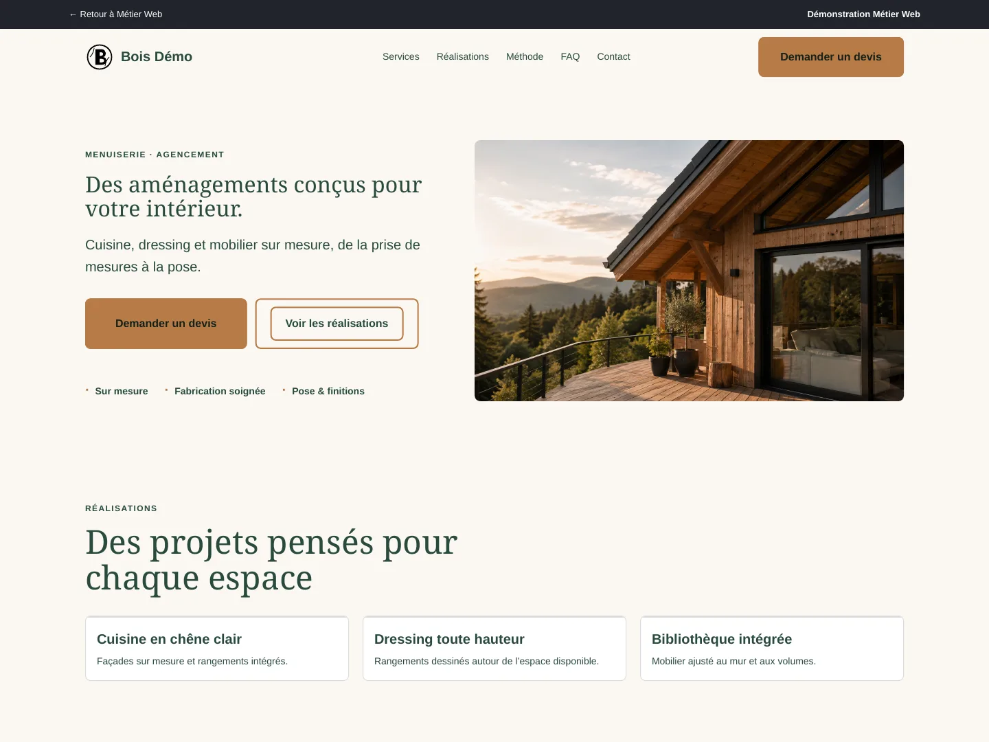 Démonstration de site internet pour menuisier